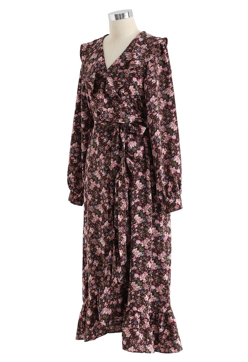 Floral Ruffle Bowknot Wrap Dress in Brown