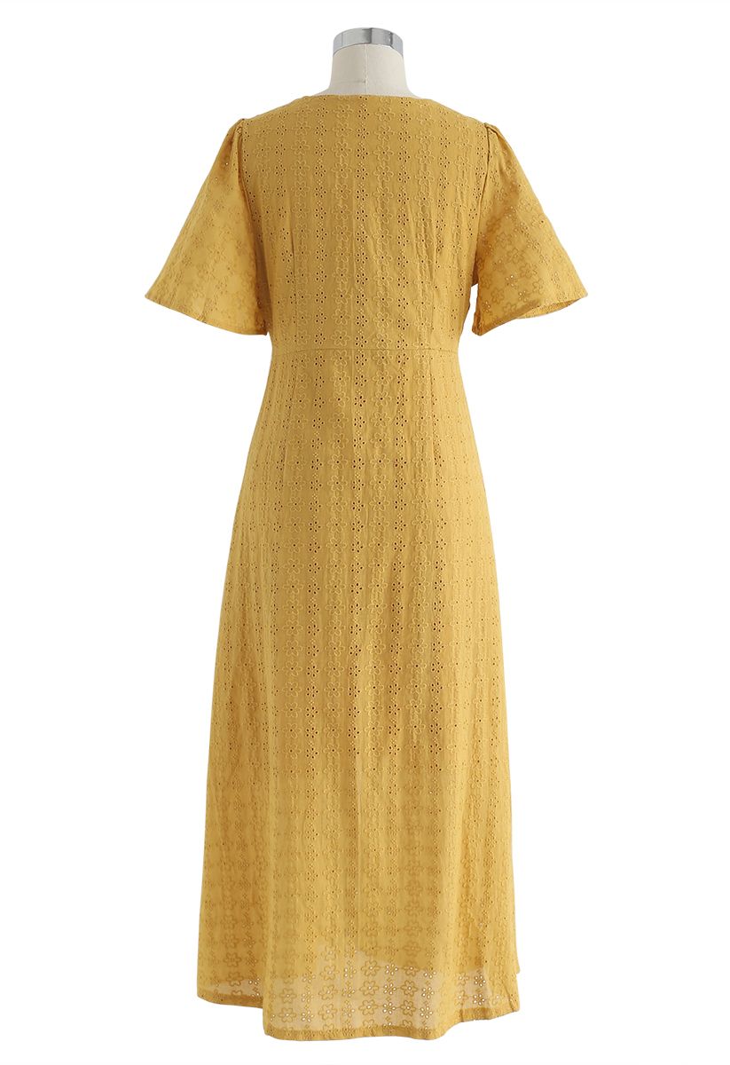 Eyelet Embroidery Button Down Dress in Mustard