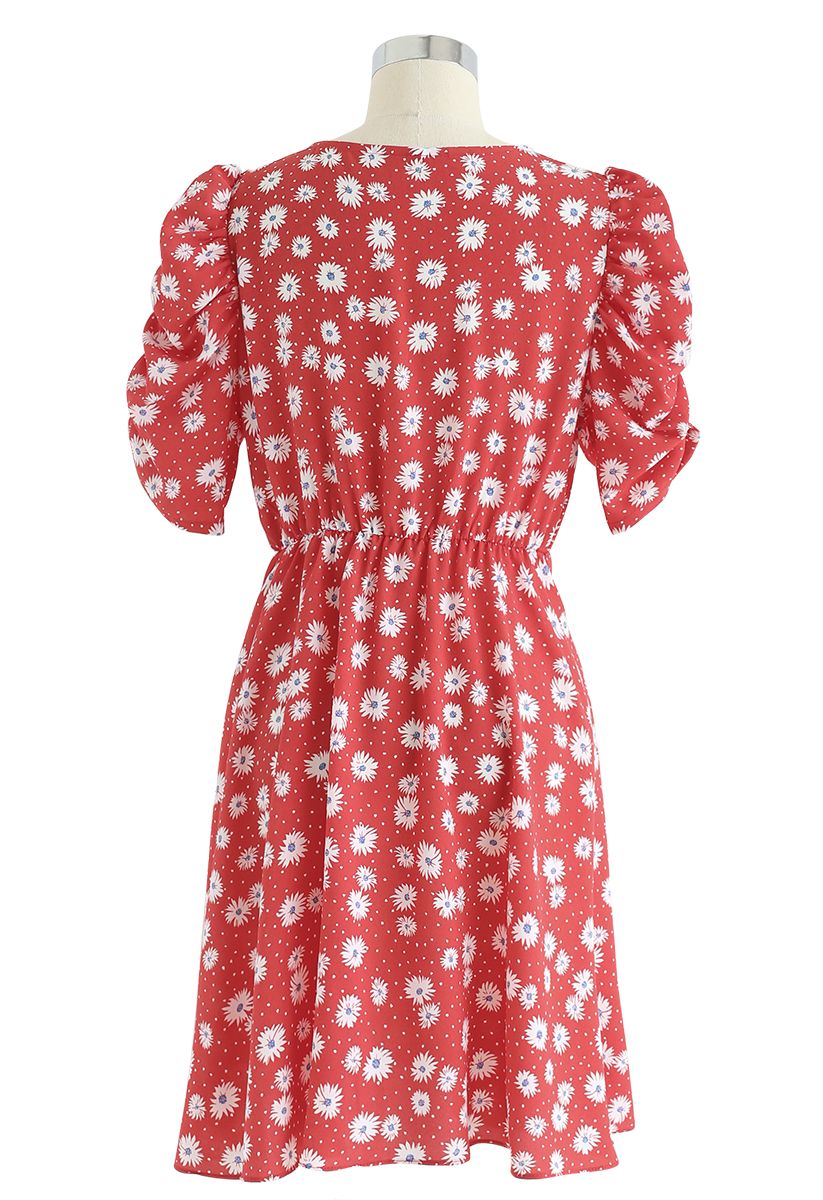 Full-Blown Daisy Print Wrapped Midi Dress in Red