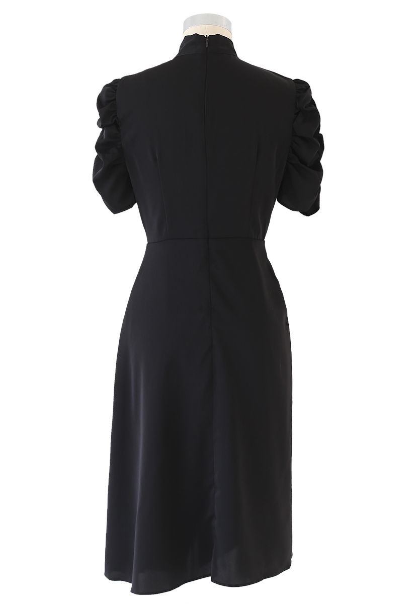 Drawstring Bow-Neck Dress in Black