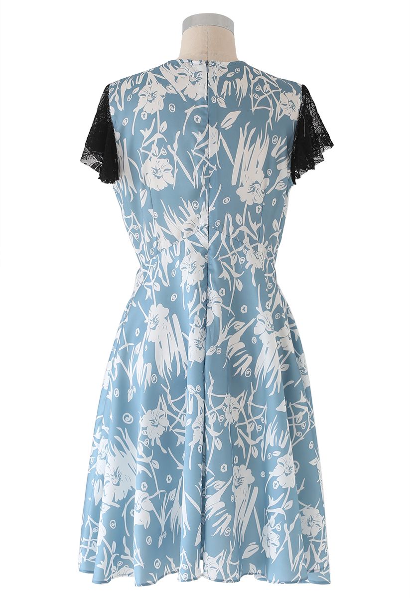 Lace Trim Flare Midi Dress in Blue