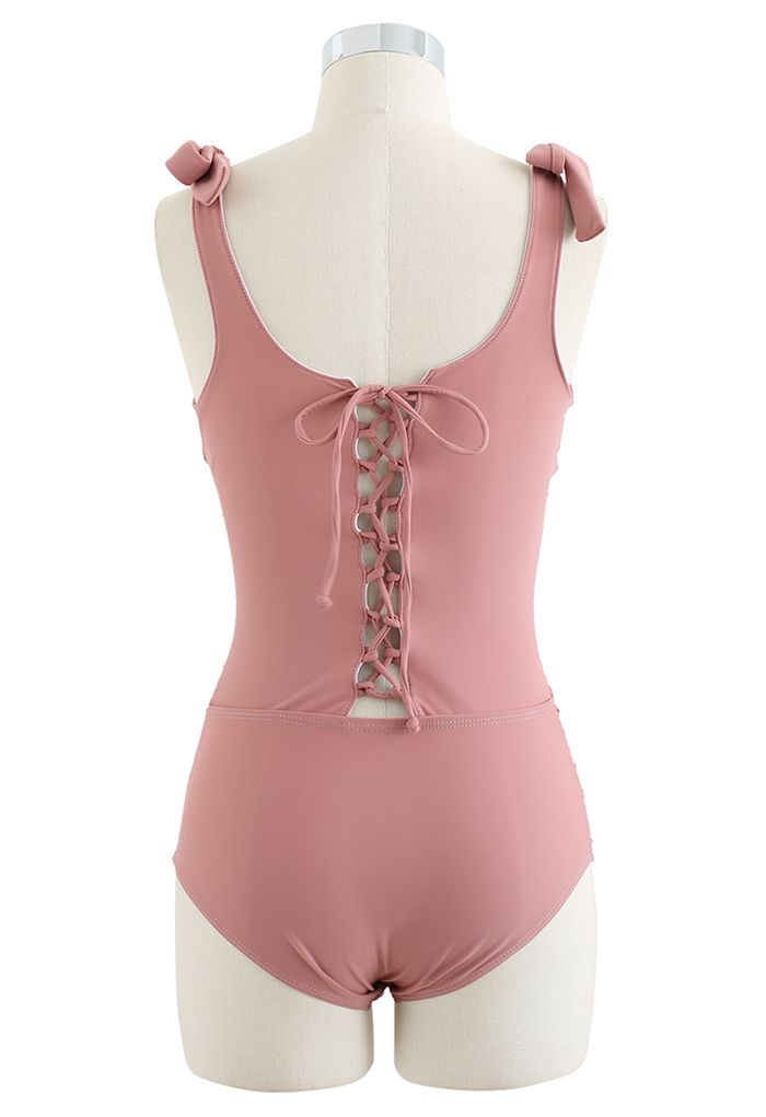 Lace-Up Back Ruched Swimsuit in Dusty Pink