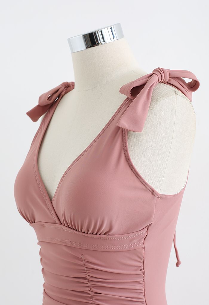 Lace-Up Back Ruched Swimsuit in Dusty Pink