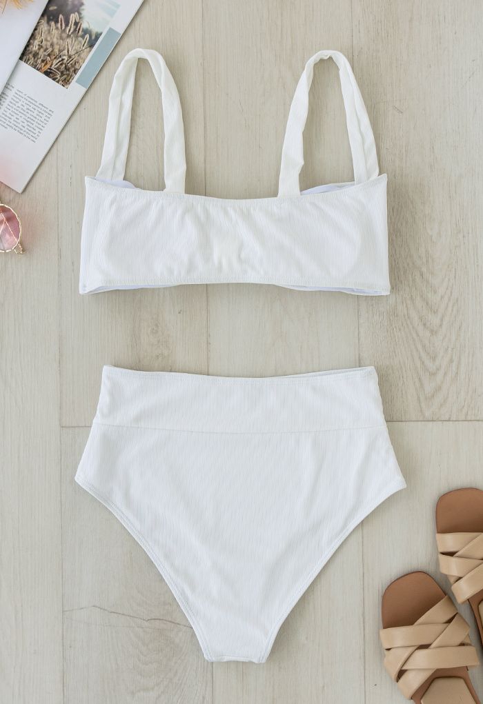 Twisted Knot Front Ribbed Bikini Set in White