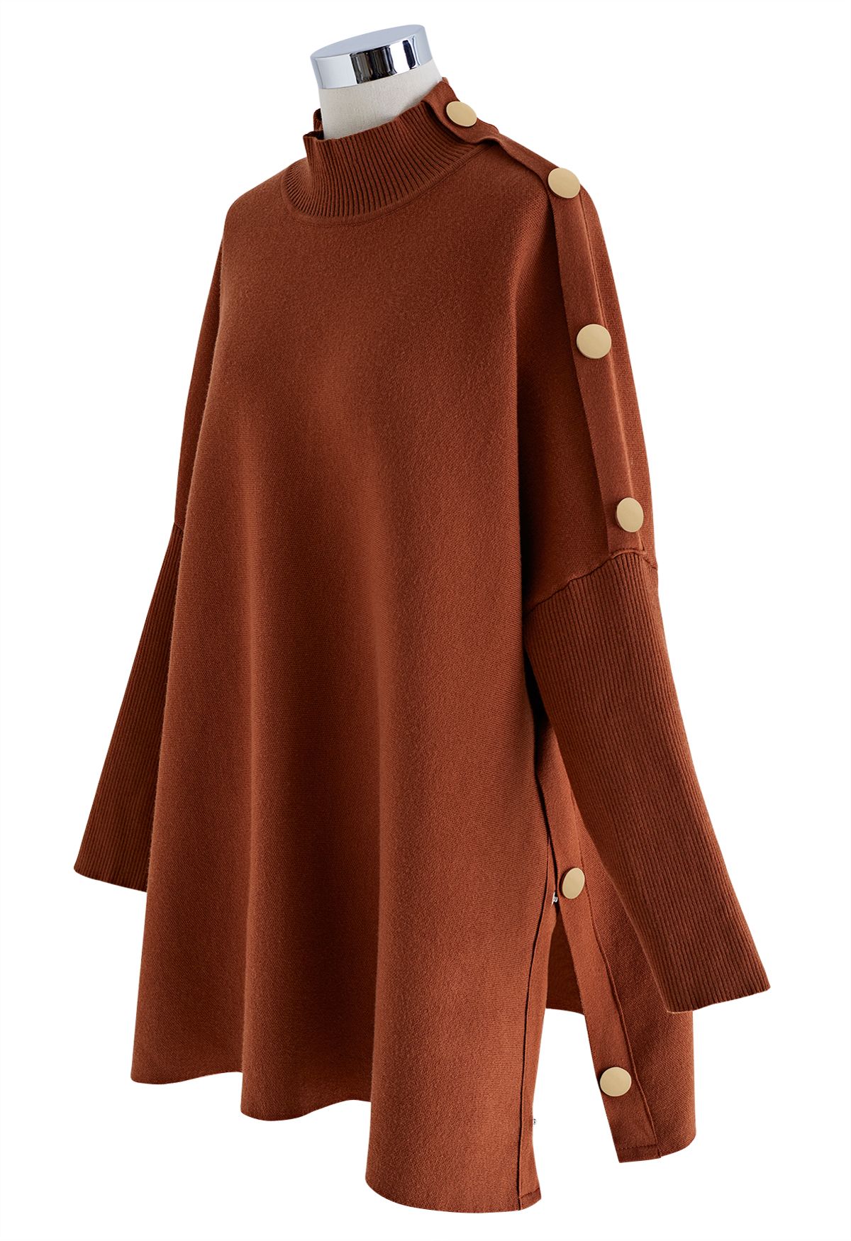 Side Buttoned Flap High Neck Knit Poncho in Caramel