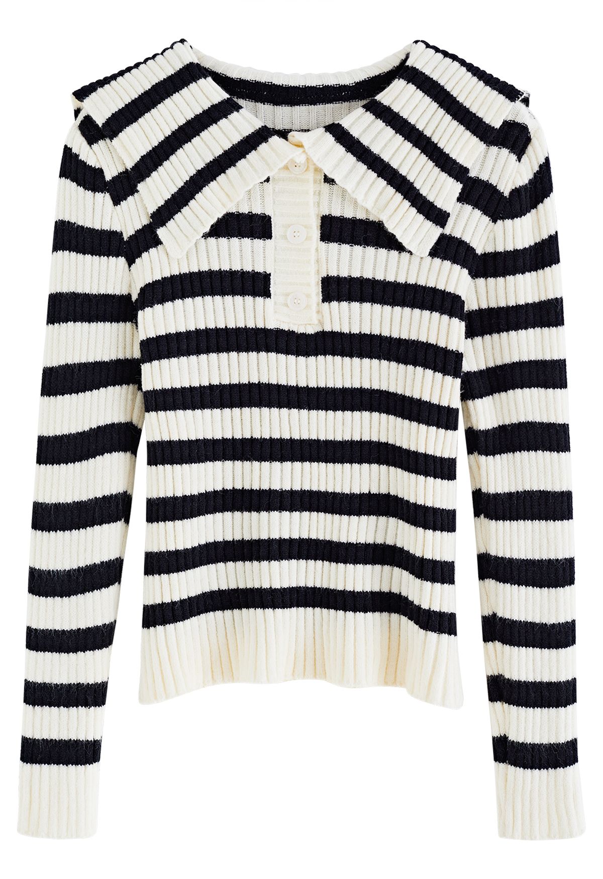 Flap Collar Striped Knit Sweater in Cream