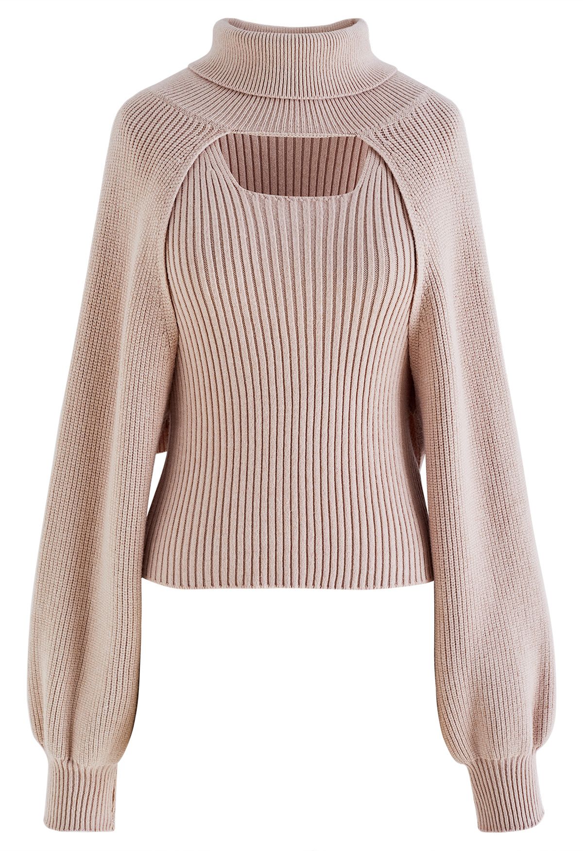 Turtleneck Rib Knit Twinset Top in Dusty Pink