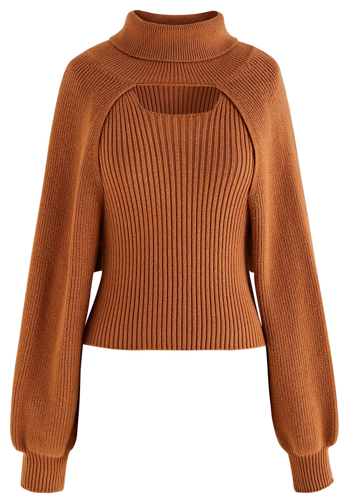 Turtleneck Rib Knit Twinset Top in Caramel