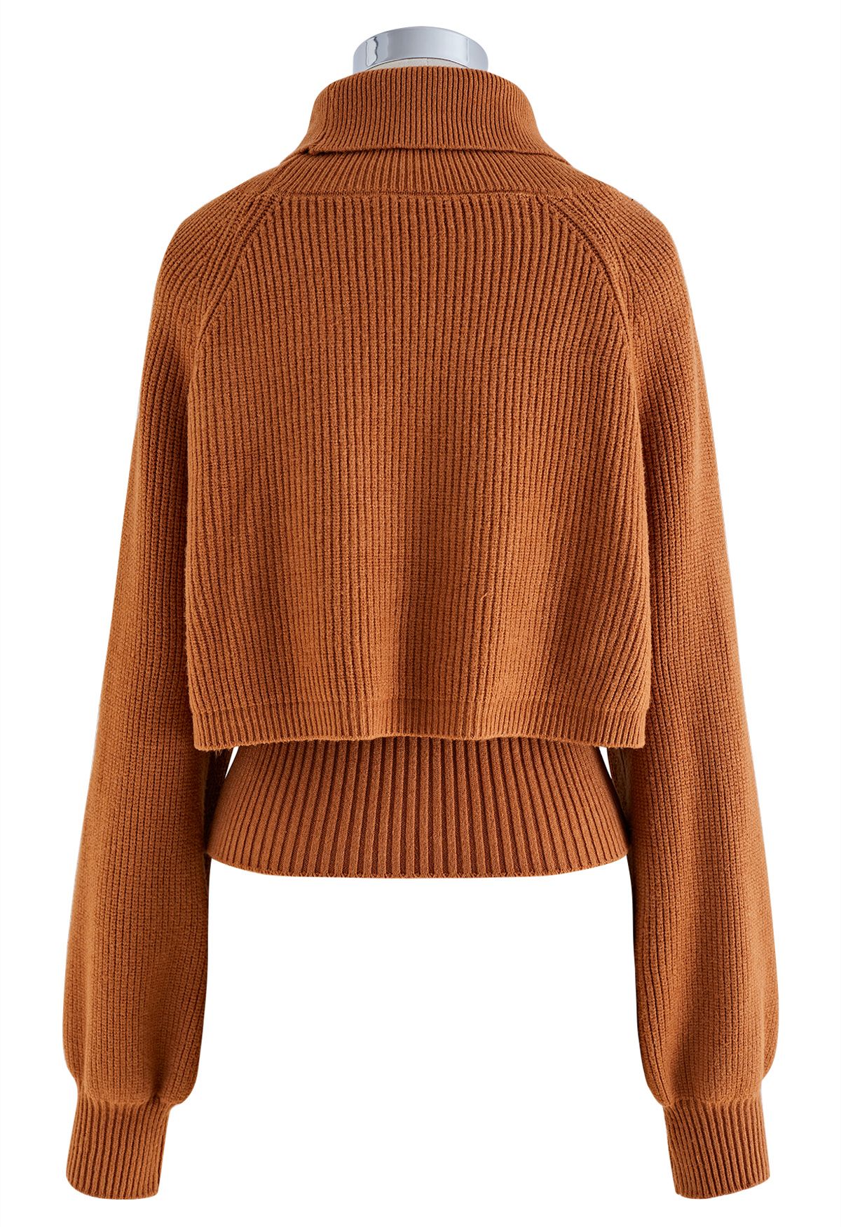 Turtleneck Rib Knit Twinset Top in Caramel