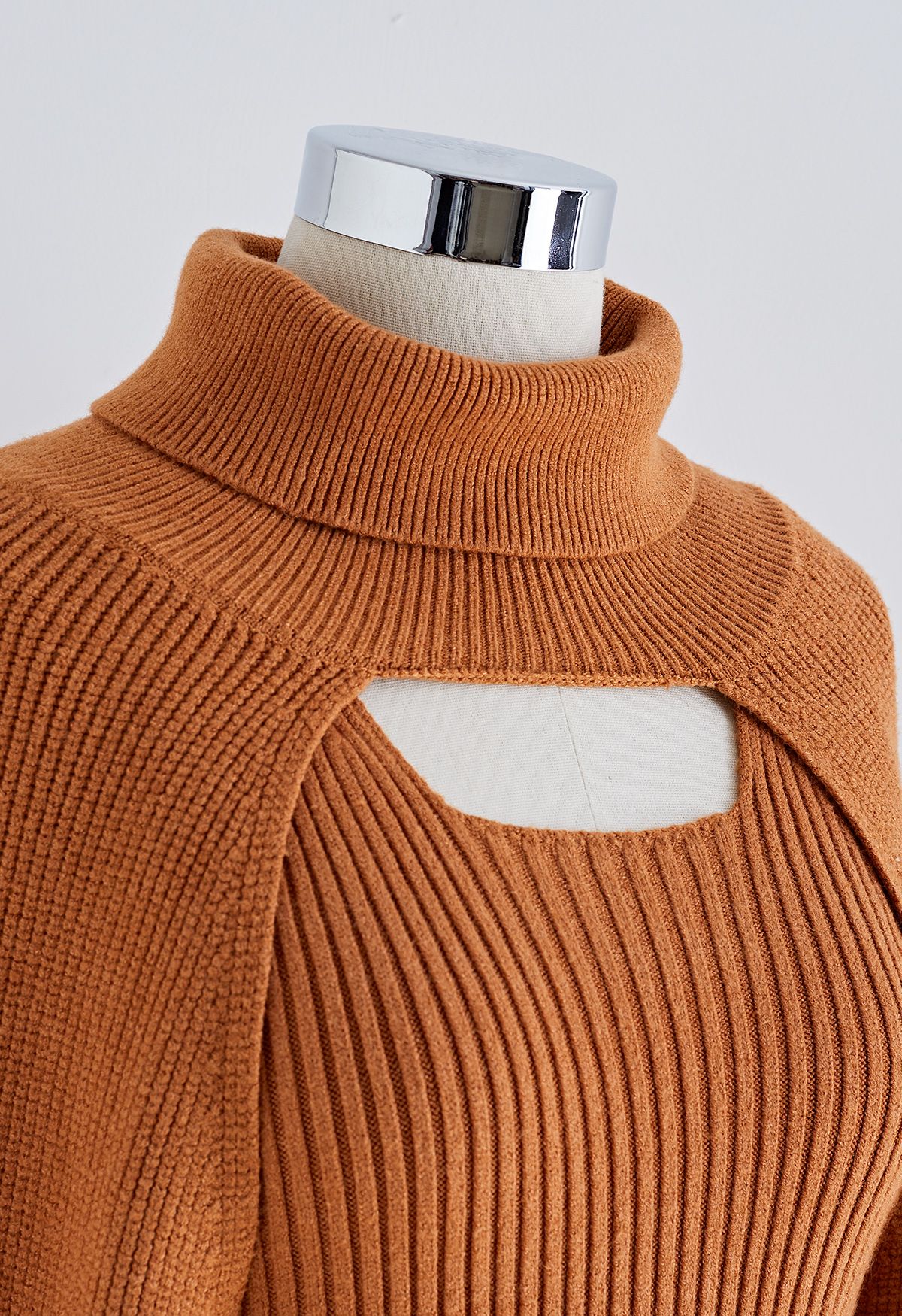 Turtleneck Rib Knit Twinset Top in Caramel