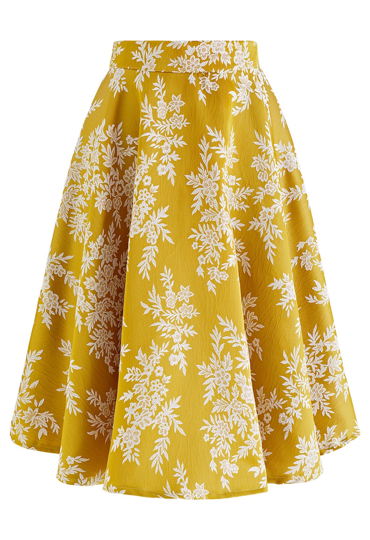 Botanical Jacquard Embroidered Embossed Midi Skirt in Mustard
