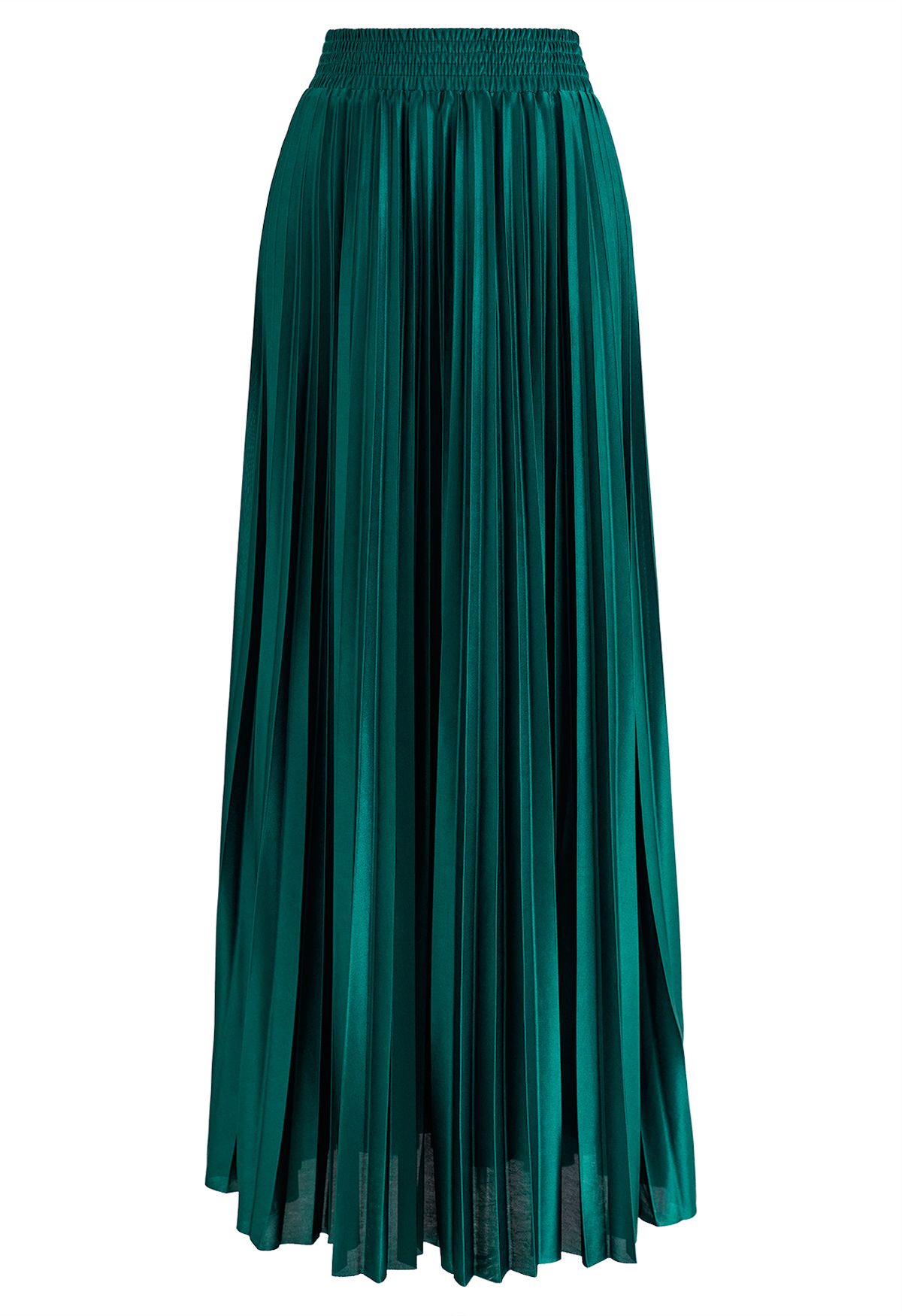 Glossy Pleated Maxi Skirt in Emerald