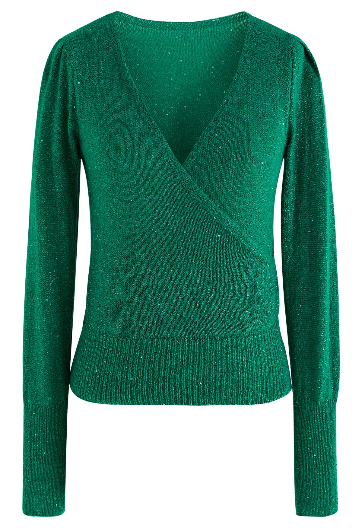 Lightweight Sequins Wrapped Knit Top in Green
