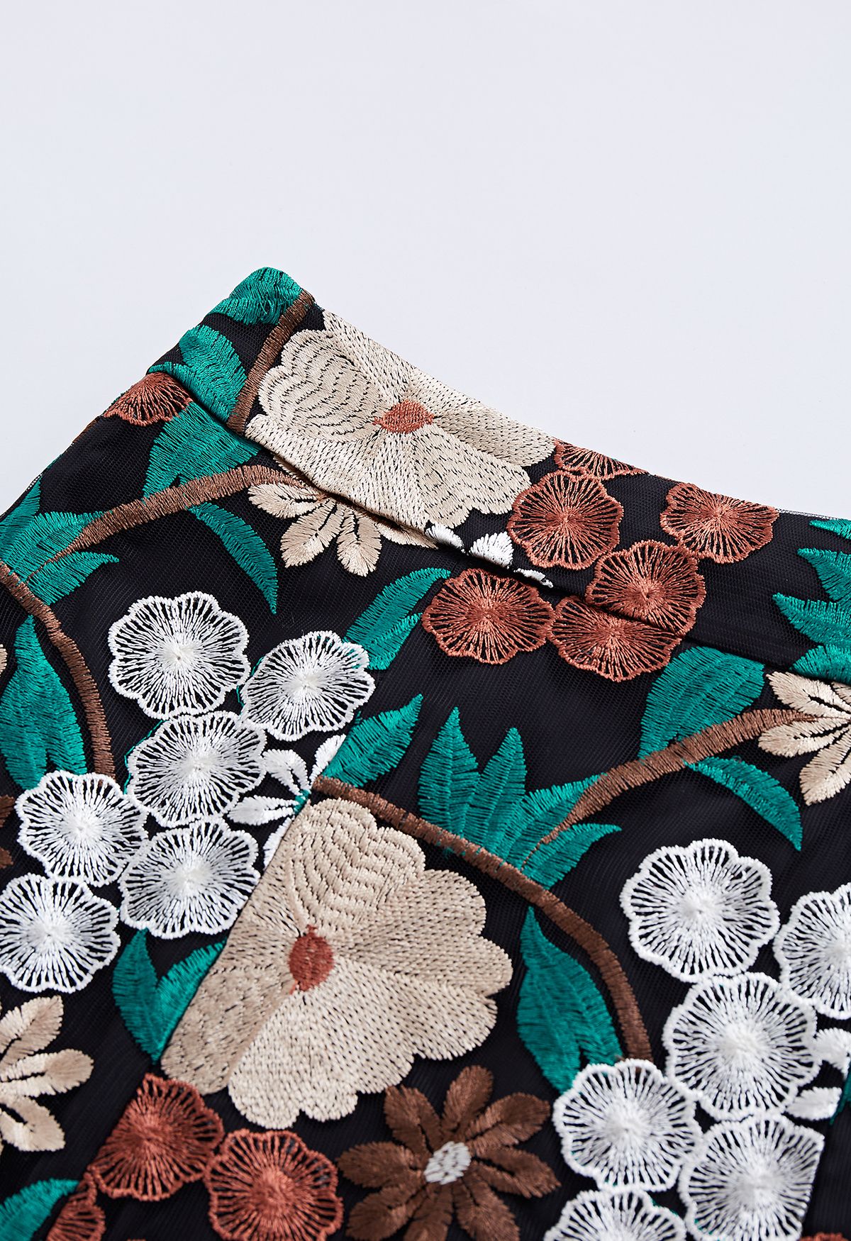 Embroidered Floral Mesh Pencil Skirt in Black