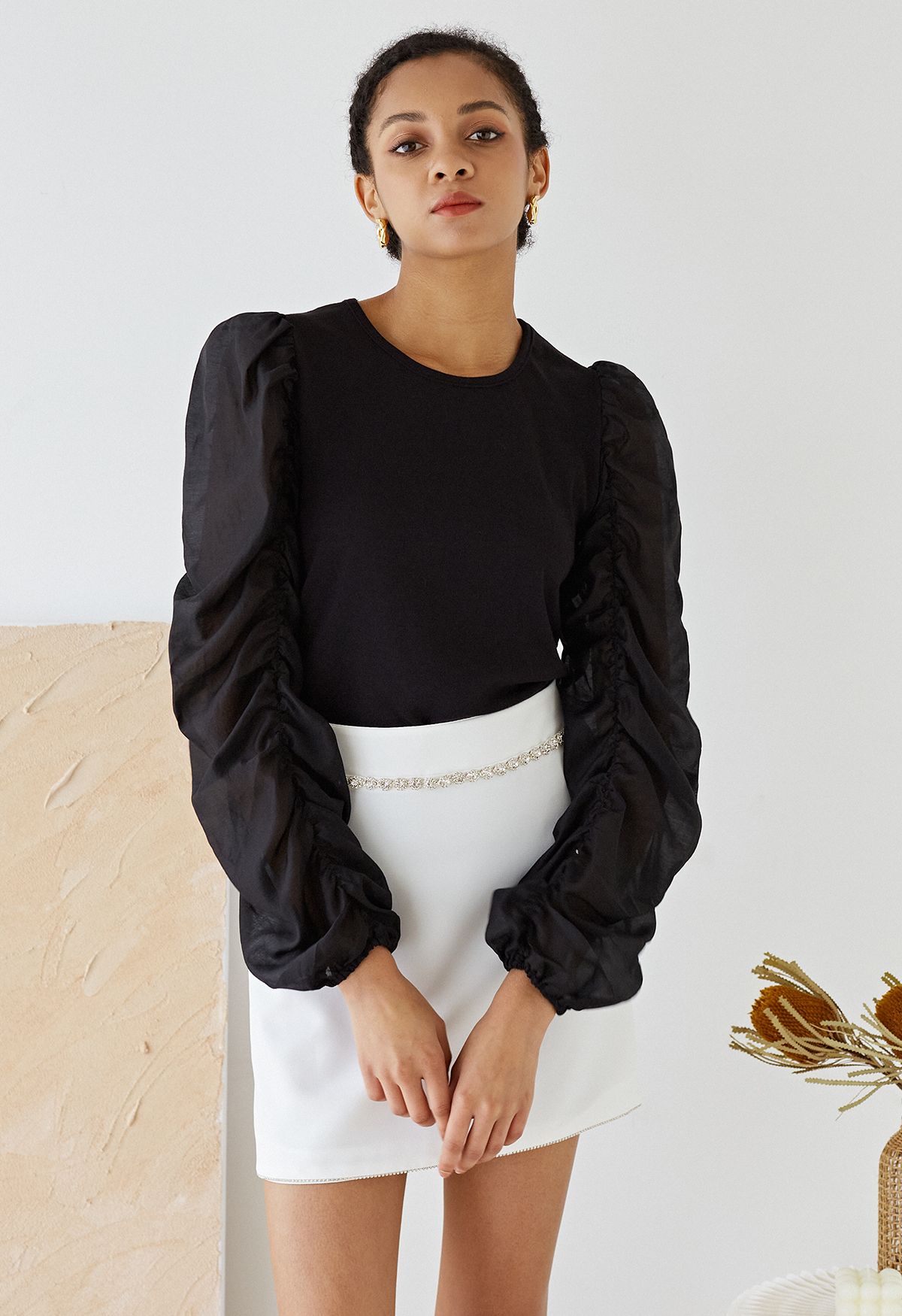 Bubble Sleeves Soft Touch Spliced Top in Black