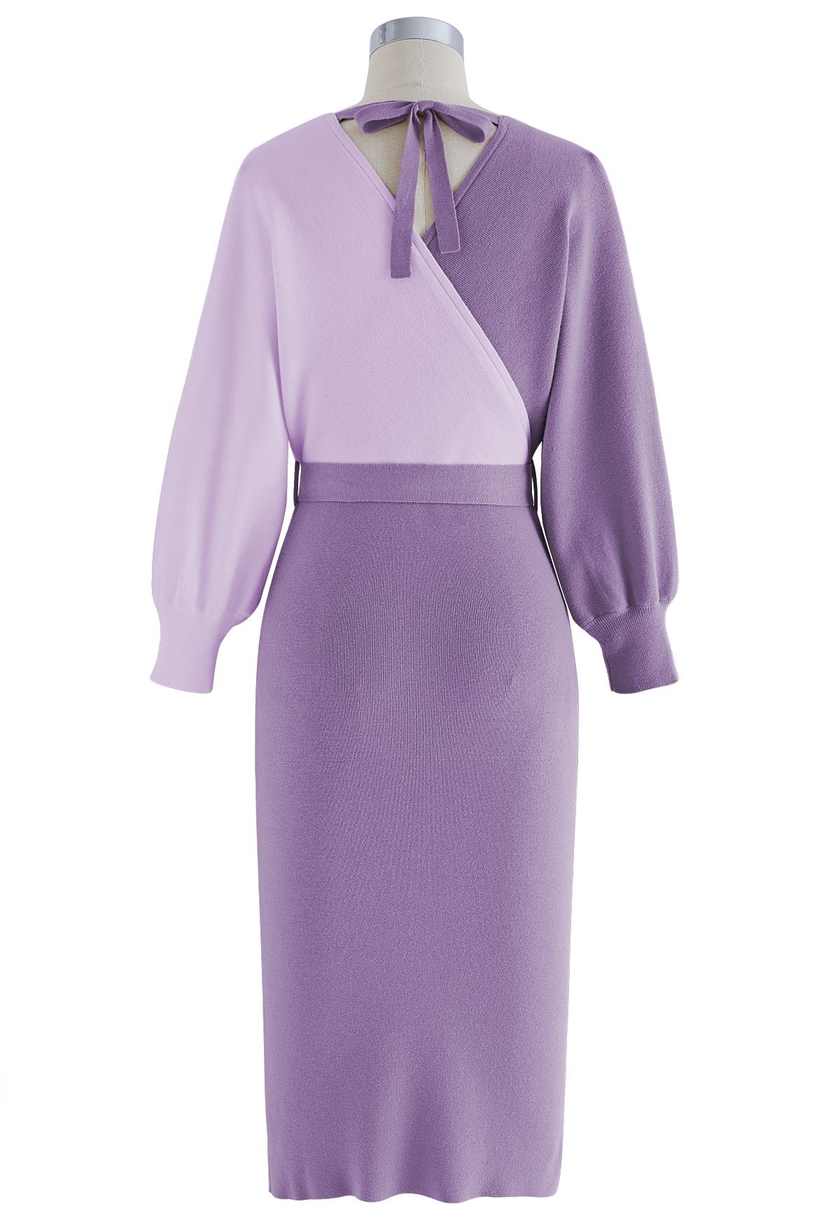 Tie Bow Two-Tone Knit Wrap Midi Dress in Lilac