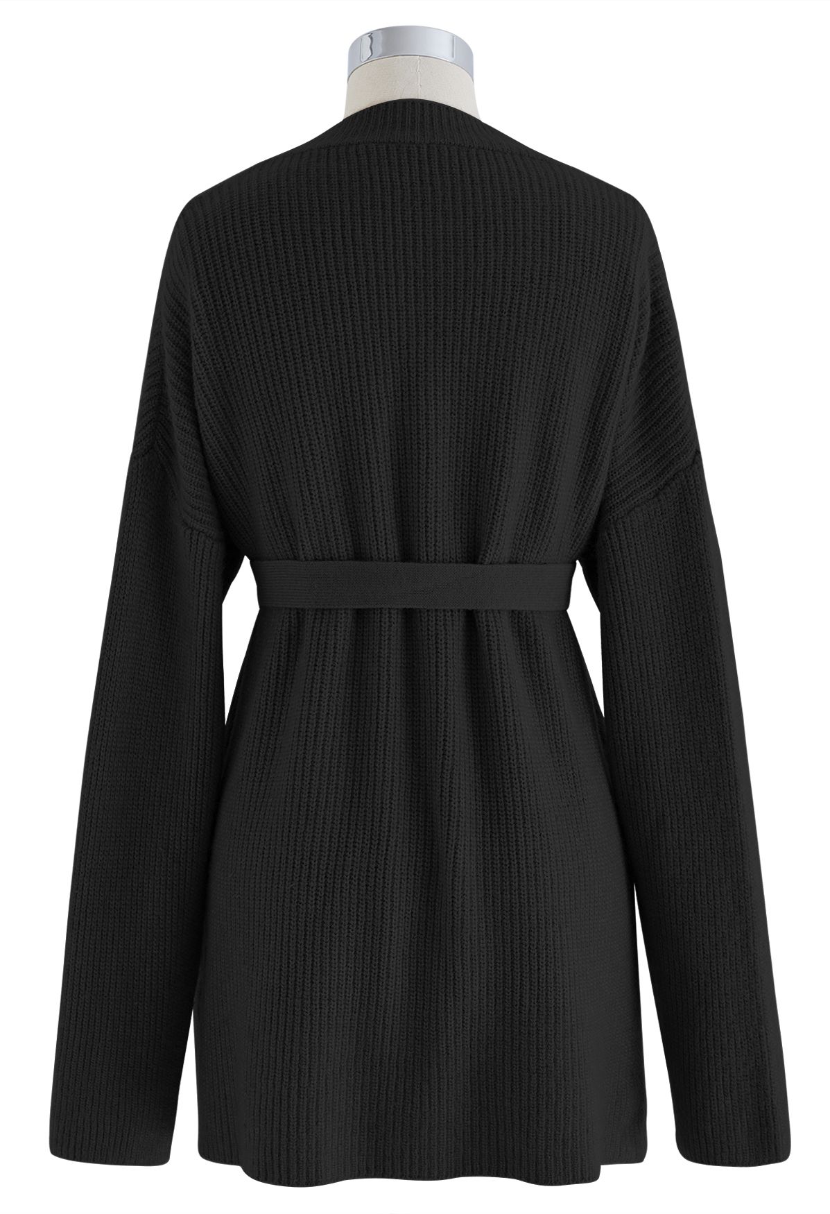 Belted Ribbed Longline Sweater in Black