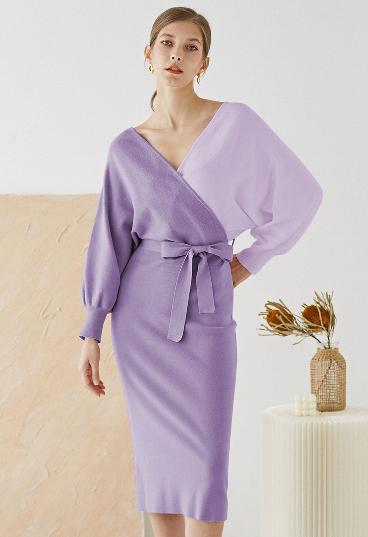 Tie Bow Two-Tone Knit Wrap Midi Dress in Lilac