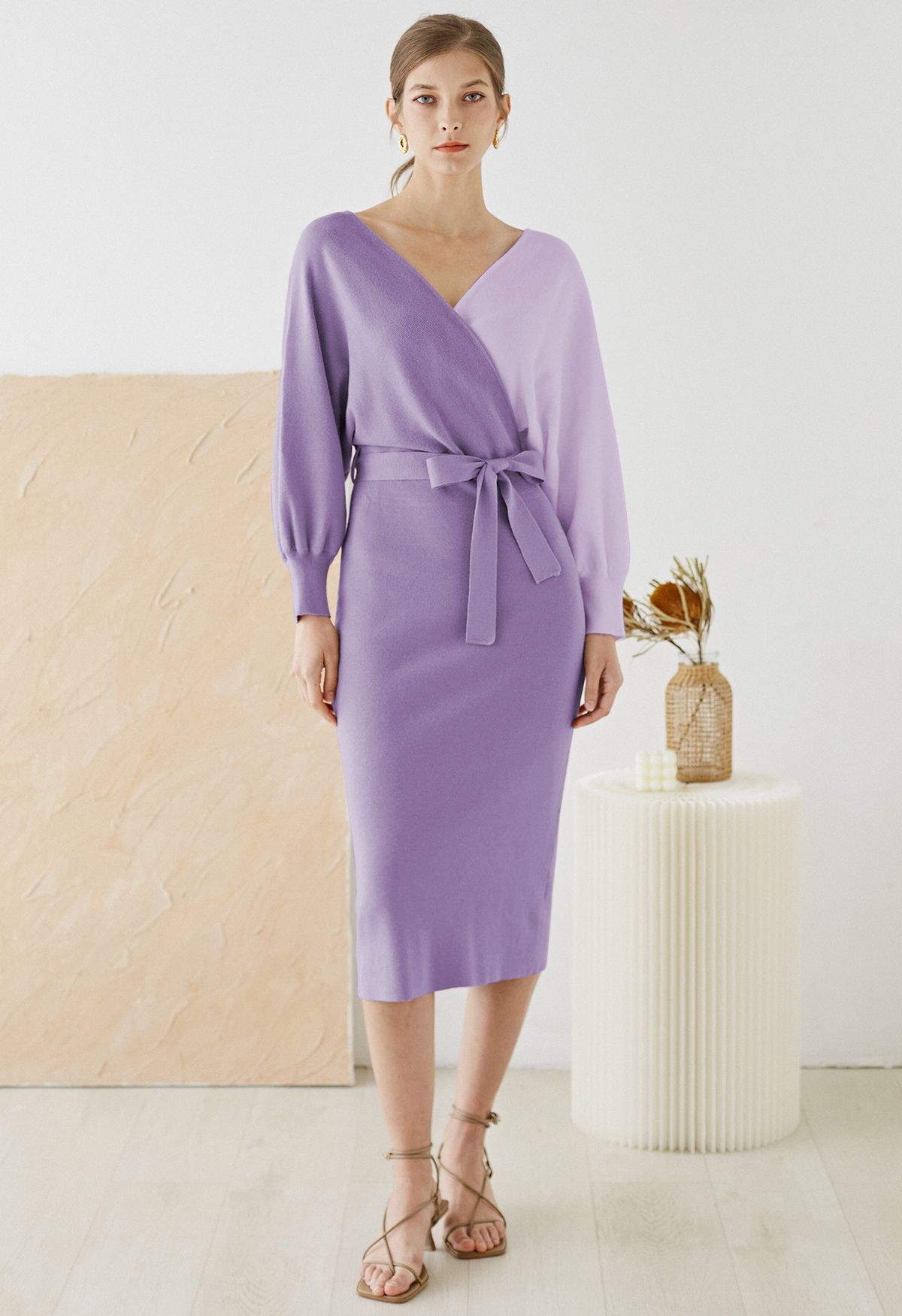 Tie Bow Two-Tone Knit Wrap Midi Dress in Lilac