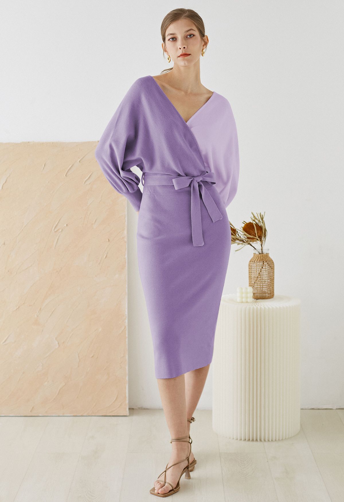 Tie Bow Two-Tone Knit Wrap Midi Dress in Lilac