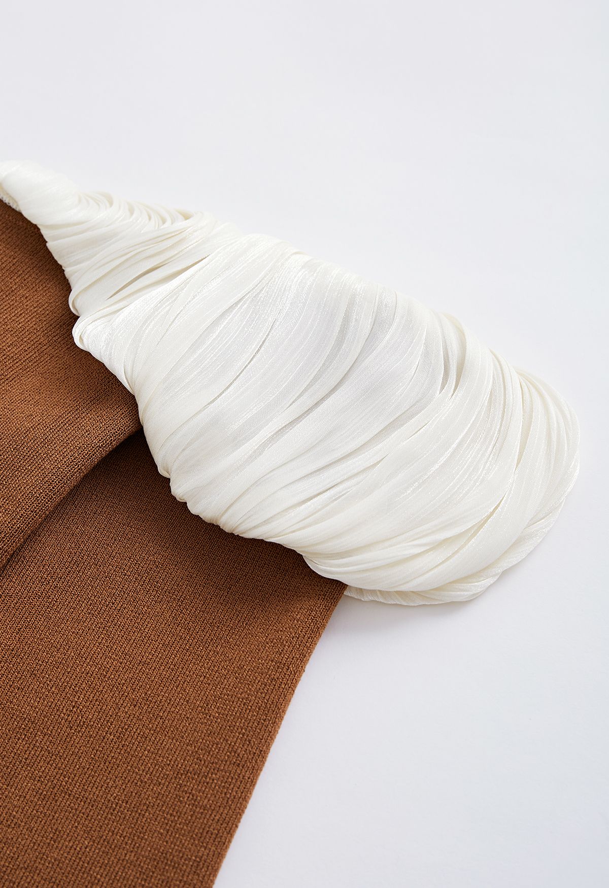 Spliced Ruched Off-Shoulder Knit Crop Top in Caramel