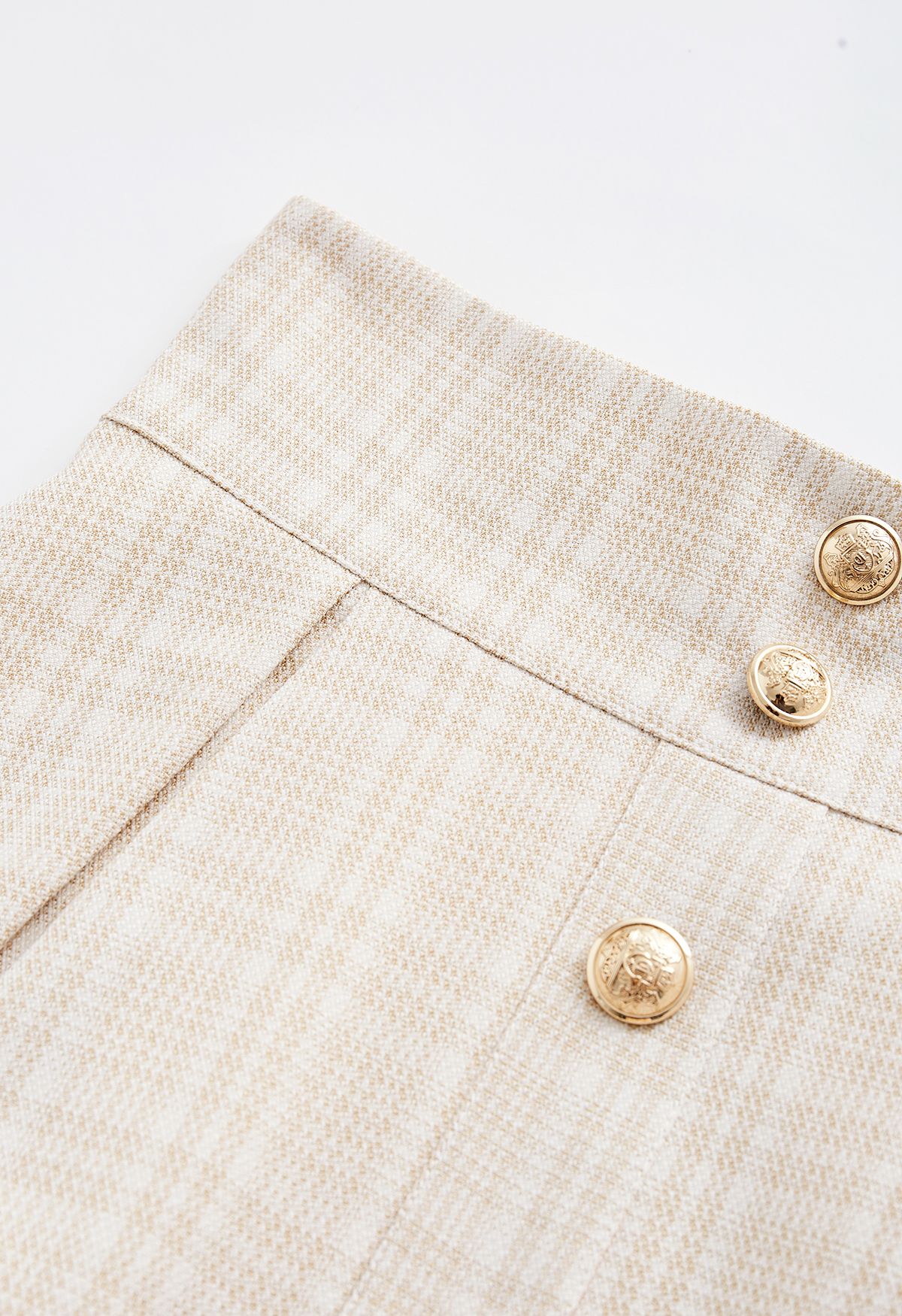 Plaid Tweed Button Trim Pleated Midi Skirt in Apricot