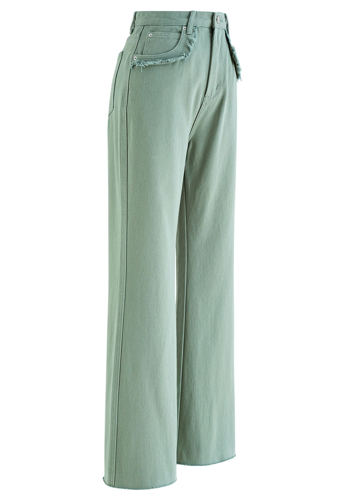 Classic Pocket Frayed Detail Flare Jeans in Sage