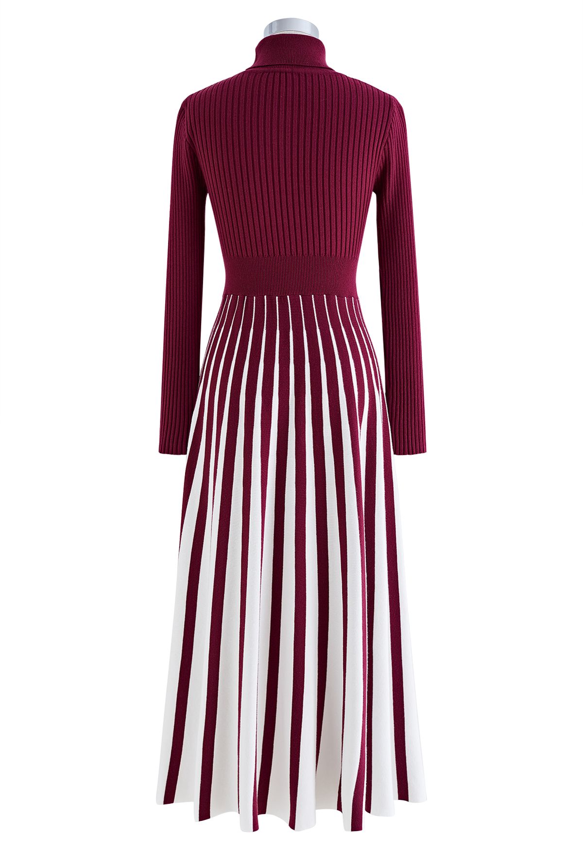 Stripe Print Turtleneck Knit Midi Dress in Burgundy