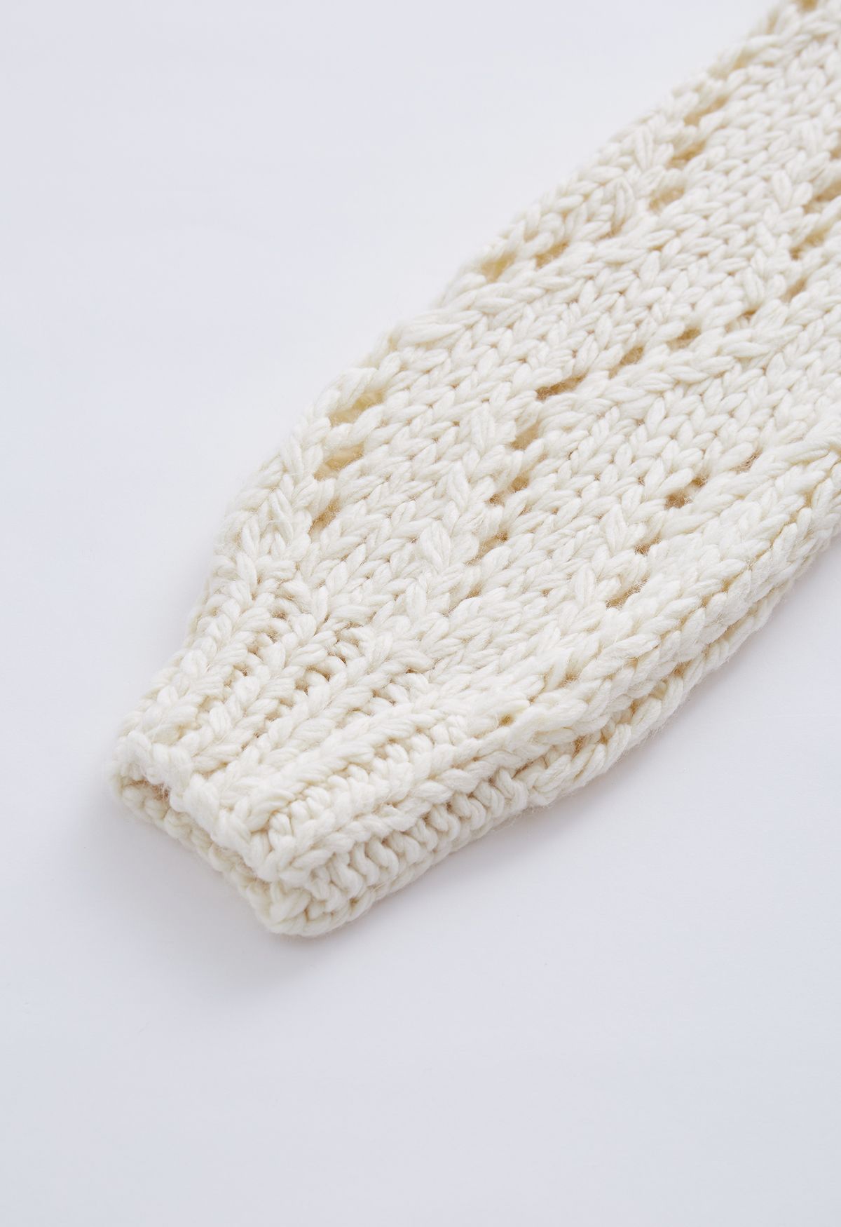 Pointelle Sleeve High Neck Hand-Knit Sweater in Cream