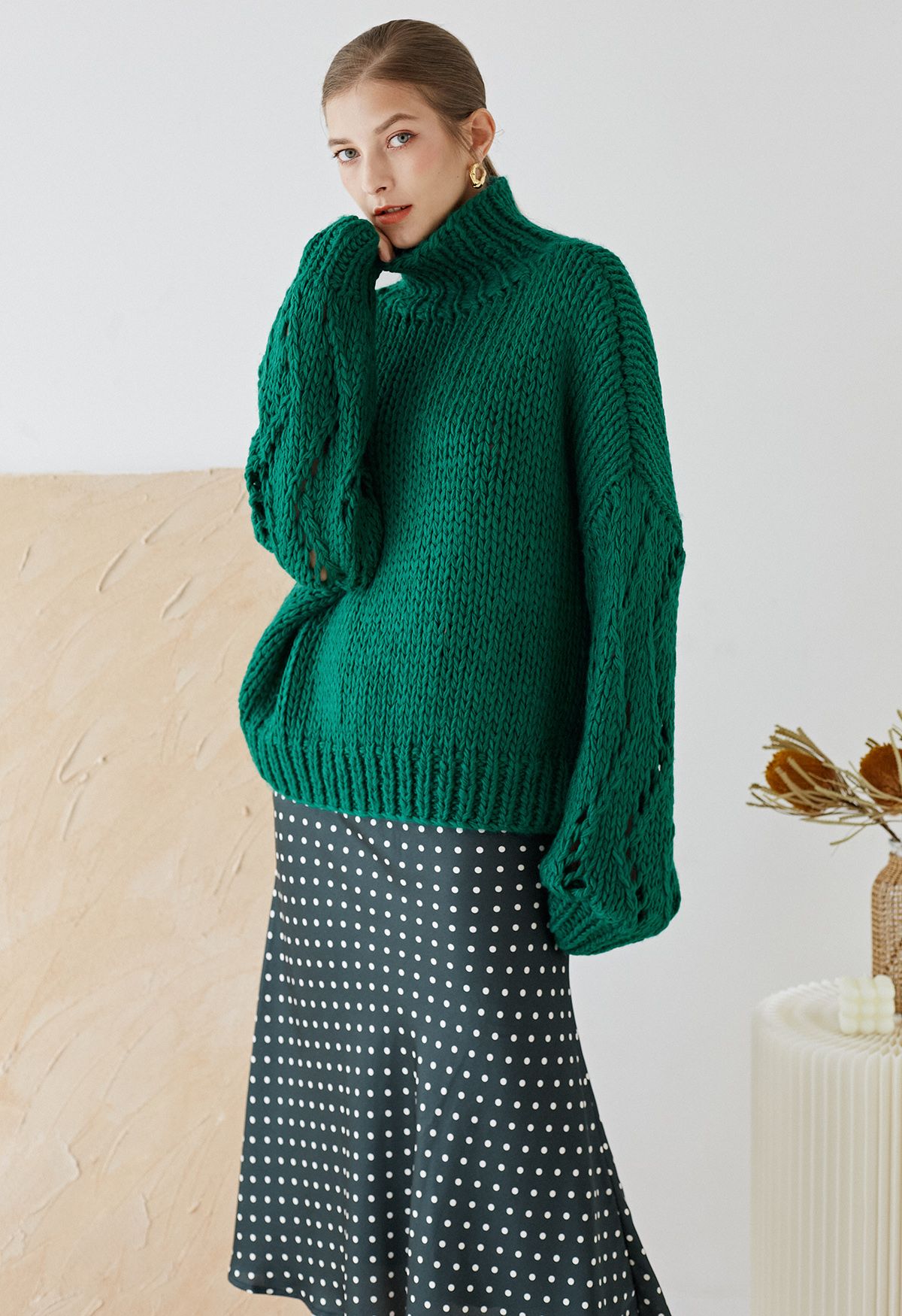 Pointelle Sleeve High Neck Hand-Knit Sweater in Green