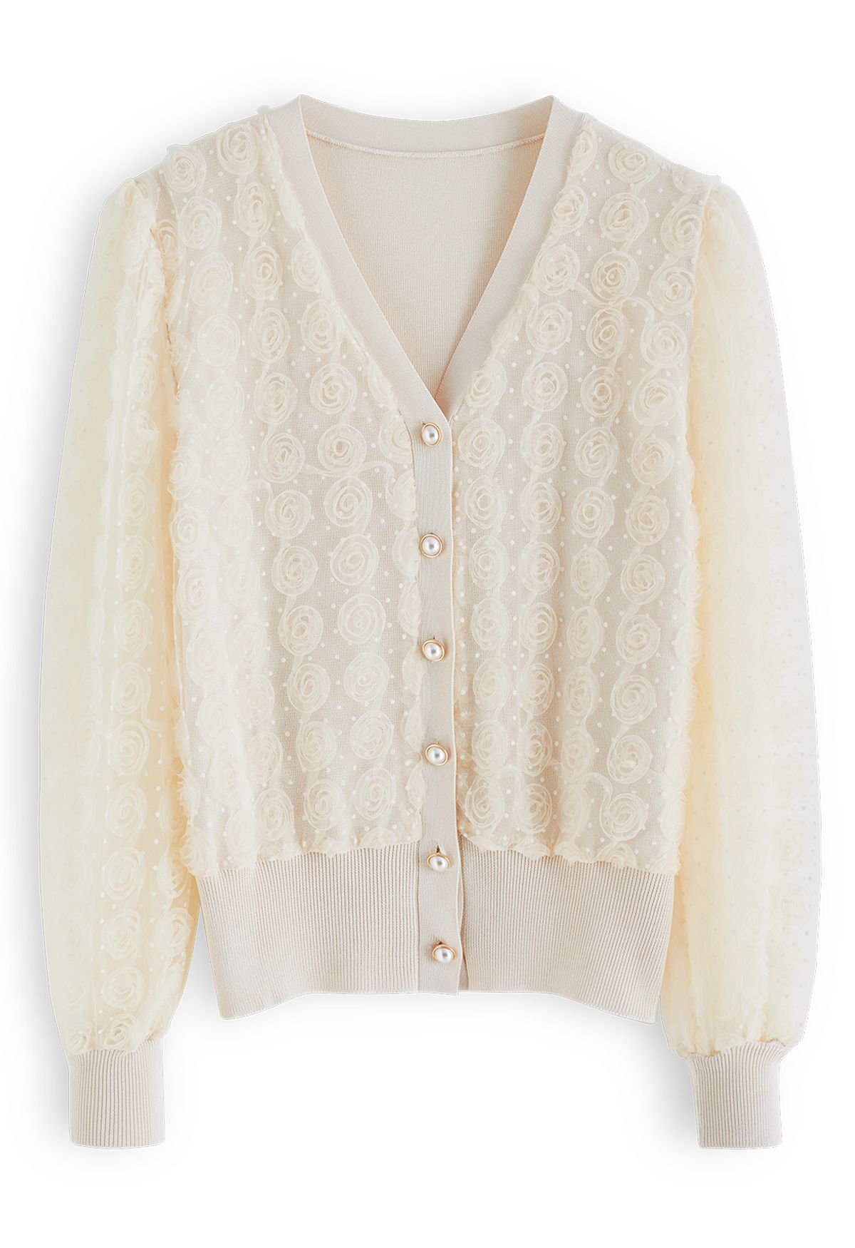 3D Rose Button Down Mesh Knit Top in Cream