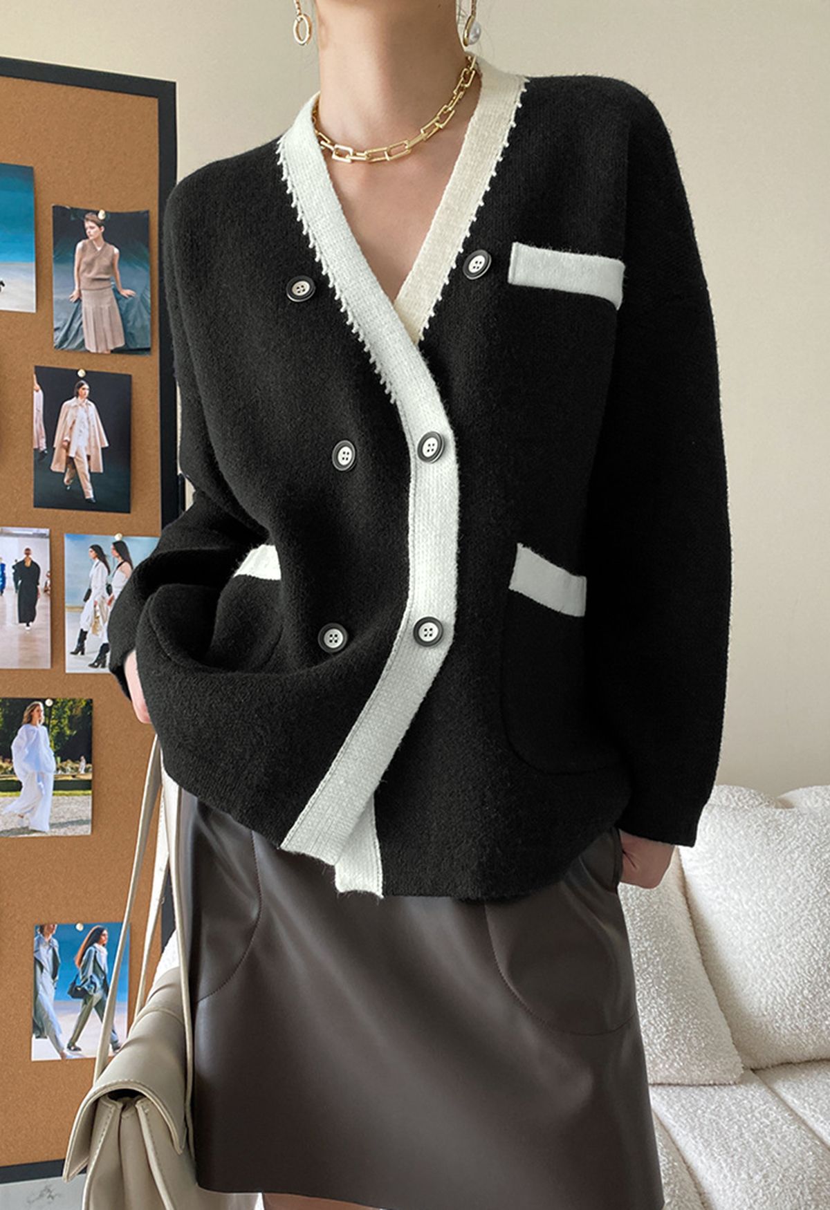 Double-Breasted Contrast Color Cardigan in Black