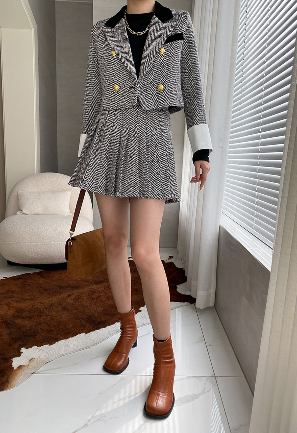 Herringbone Tweed Crop Blazer and Pleated Mini Skirt Set