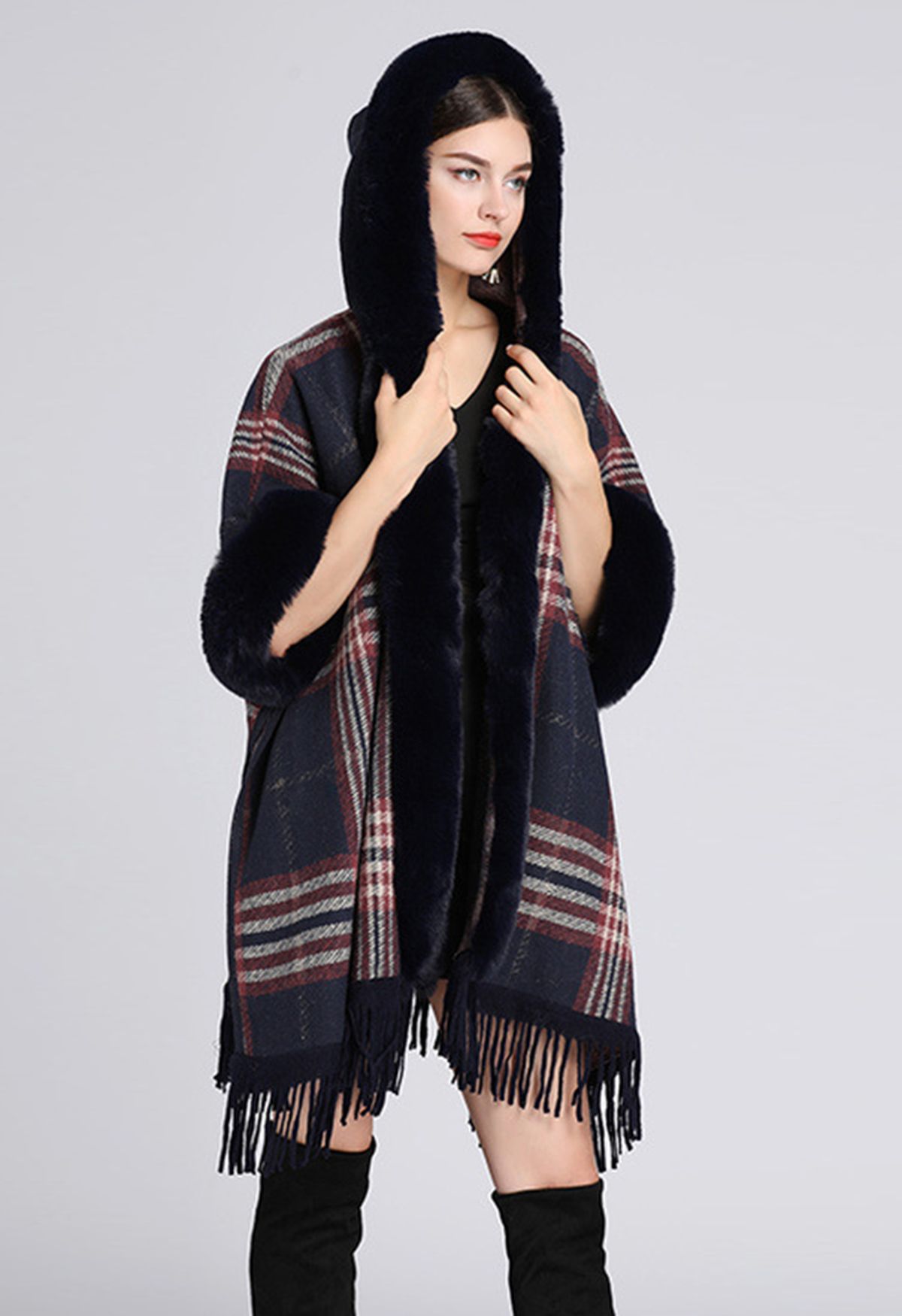 Plaid Fringe Faux Fur Hooded Poncho in Navy