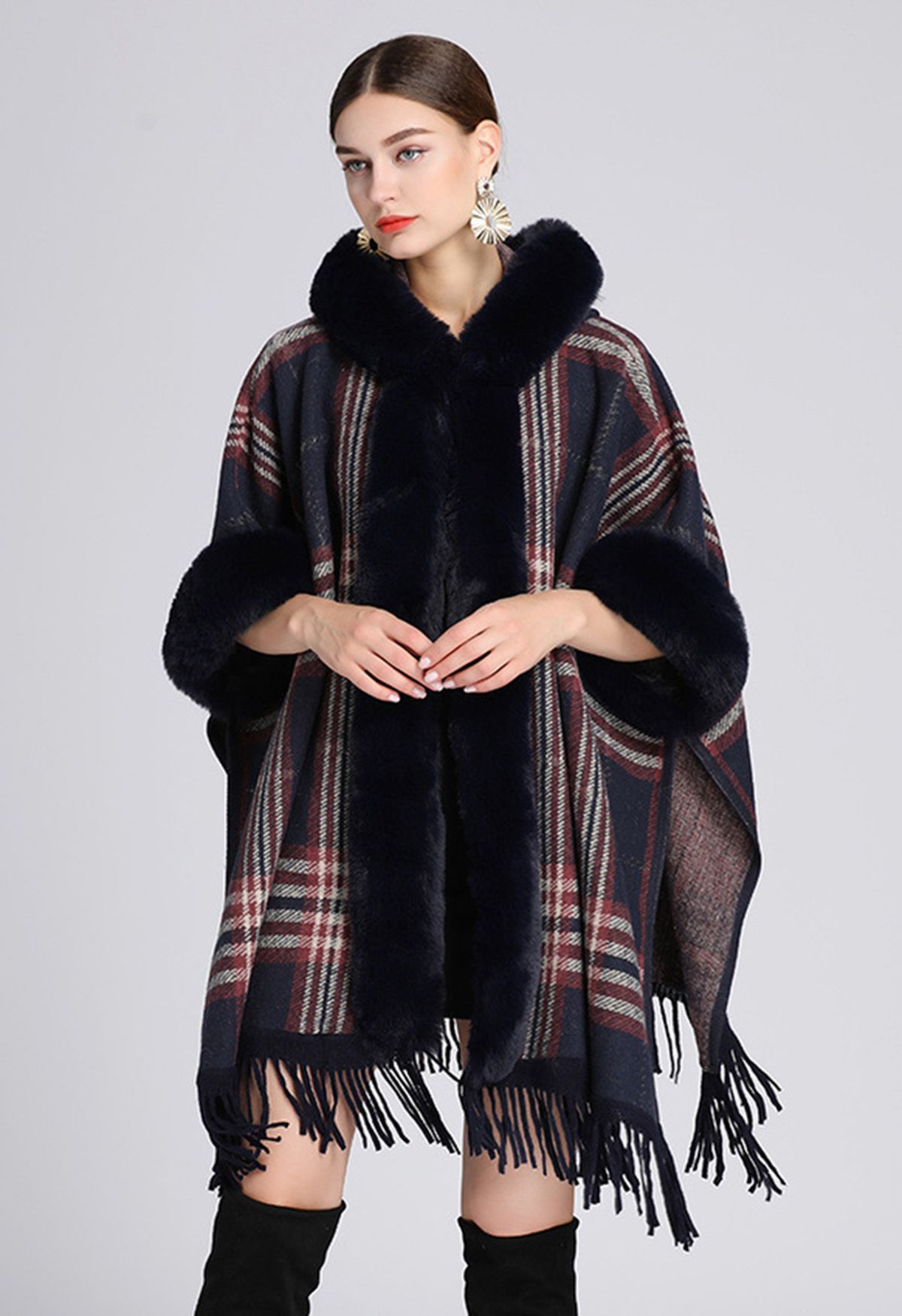 Plaid Fringe Faux Fur Hooded Poncho in Navy