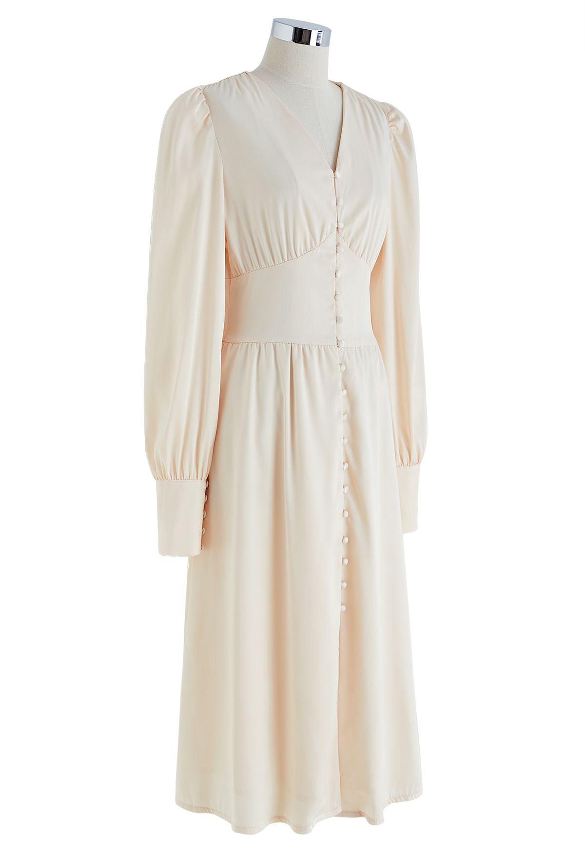 Puff Sleeves Button Up Satin Midi Dress in Cream