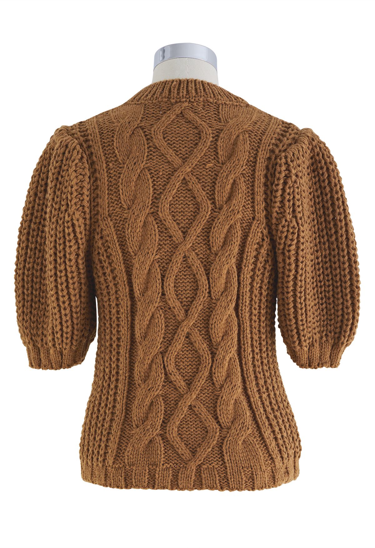 Bubble Sleeve Braided Ribbed Sweater in Tan