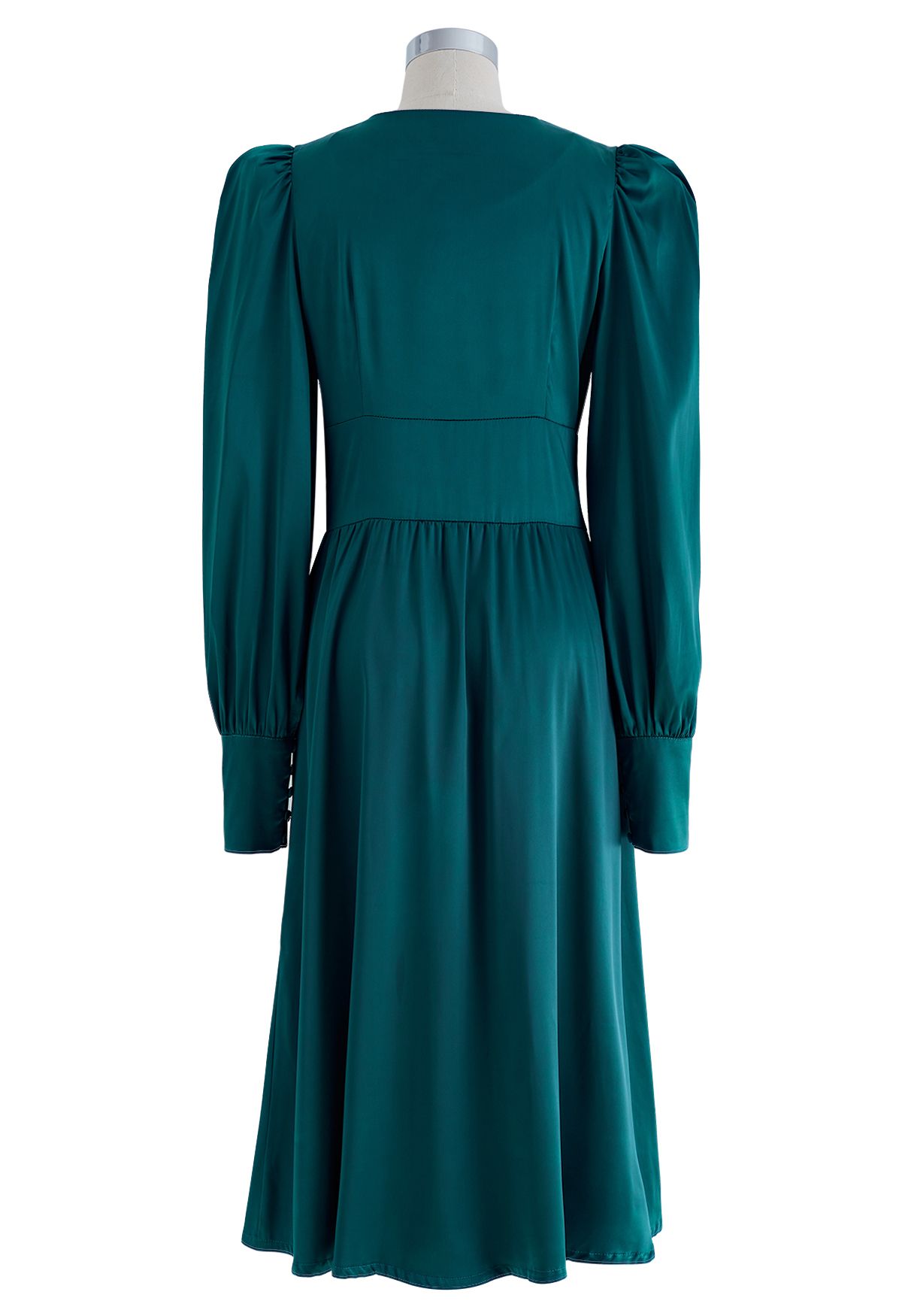 Puff Sleeves Button Up Satin Midi Dress in Emerald