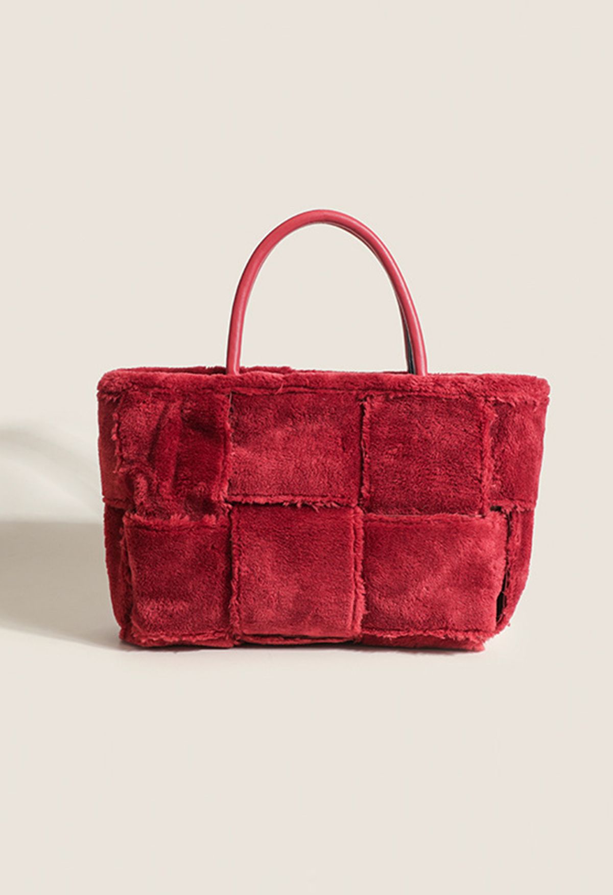 Check Texture Faux Lambswool Handbag in Red