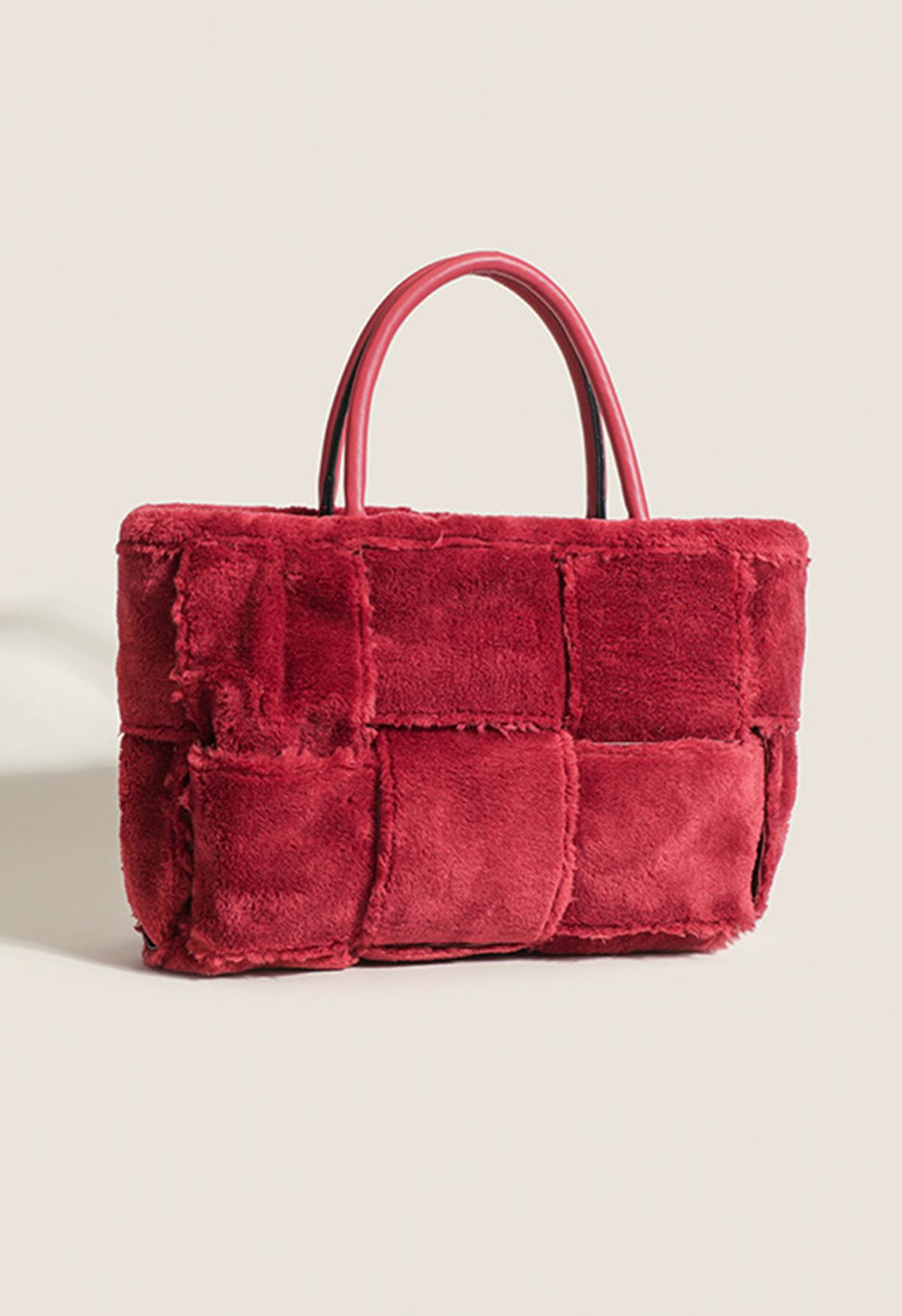 Check Texture Faux Lambswool Handbag in Red
