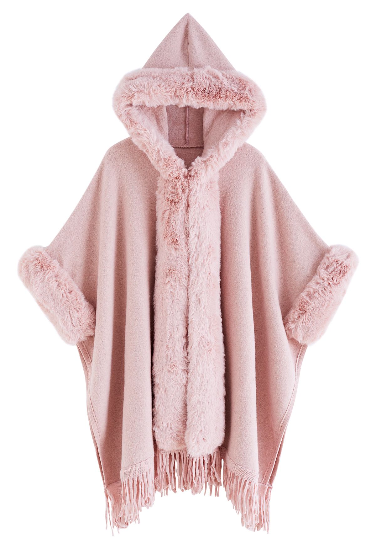 Fringe Faux Fur Hooded Poncho in Pink
