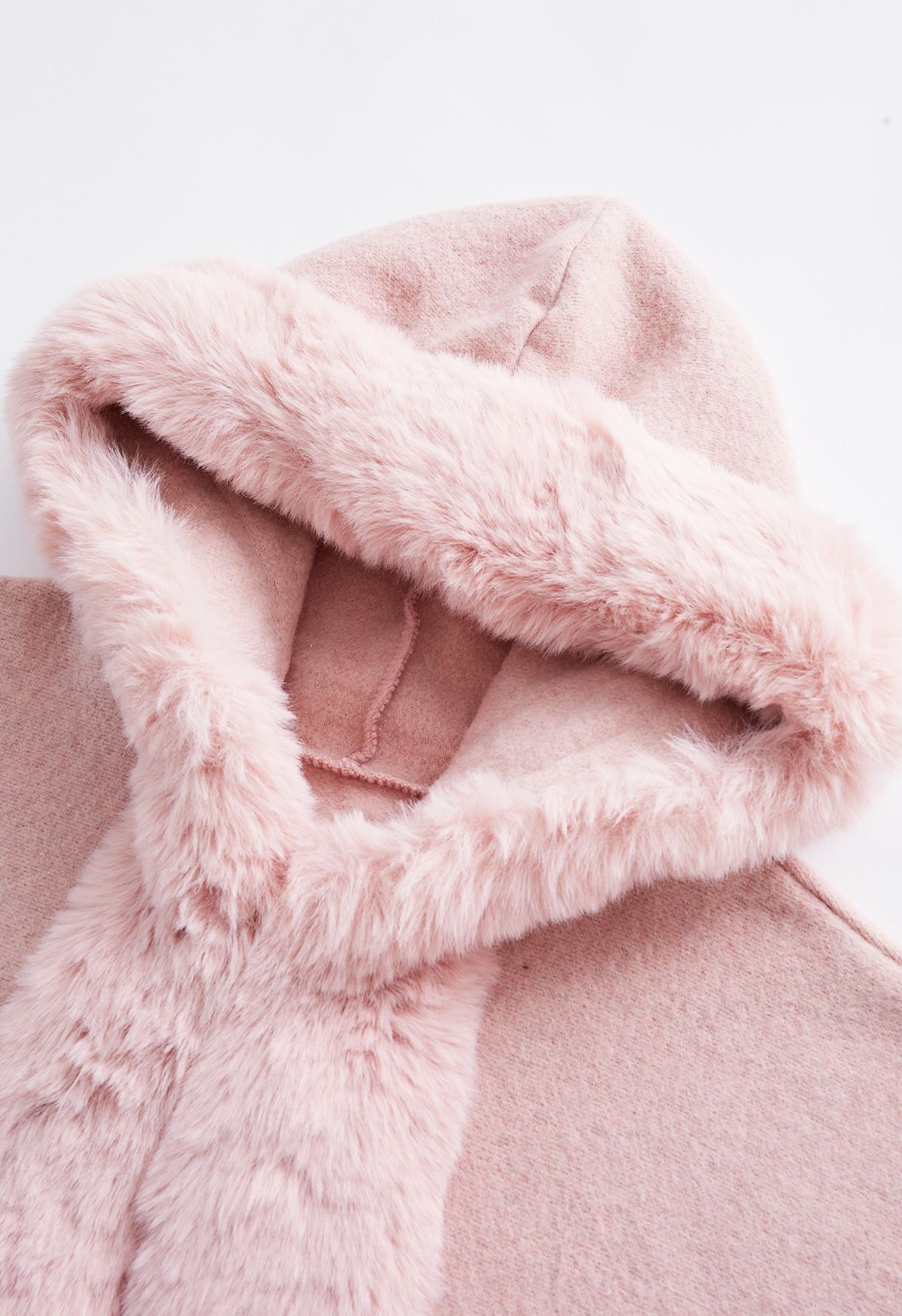 Fringe Faux Fur Hooded Poncho in Pink
