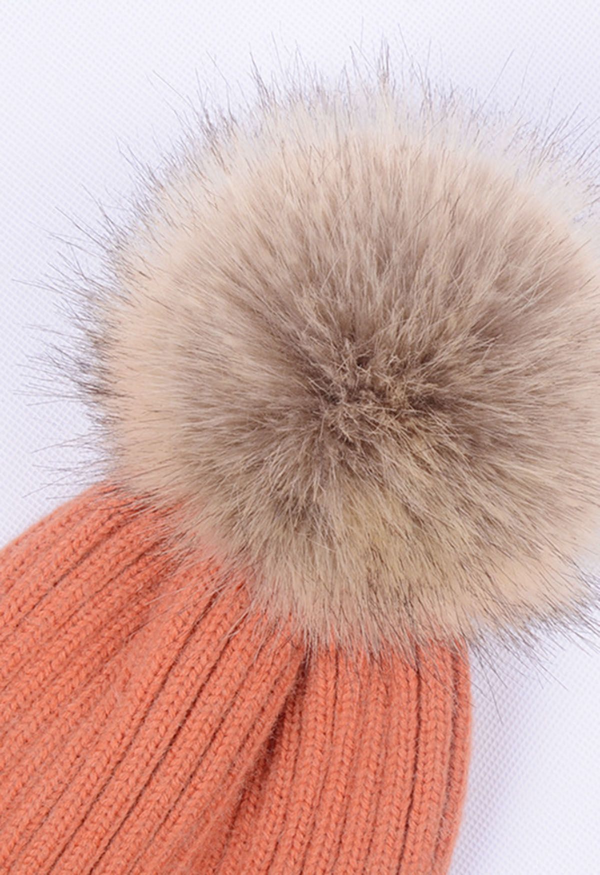 Pom-Pom Ribbed Knit Beanie Hat in Coral