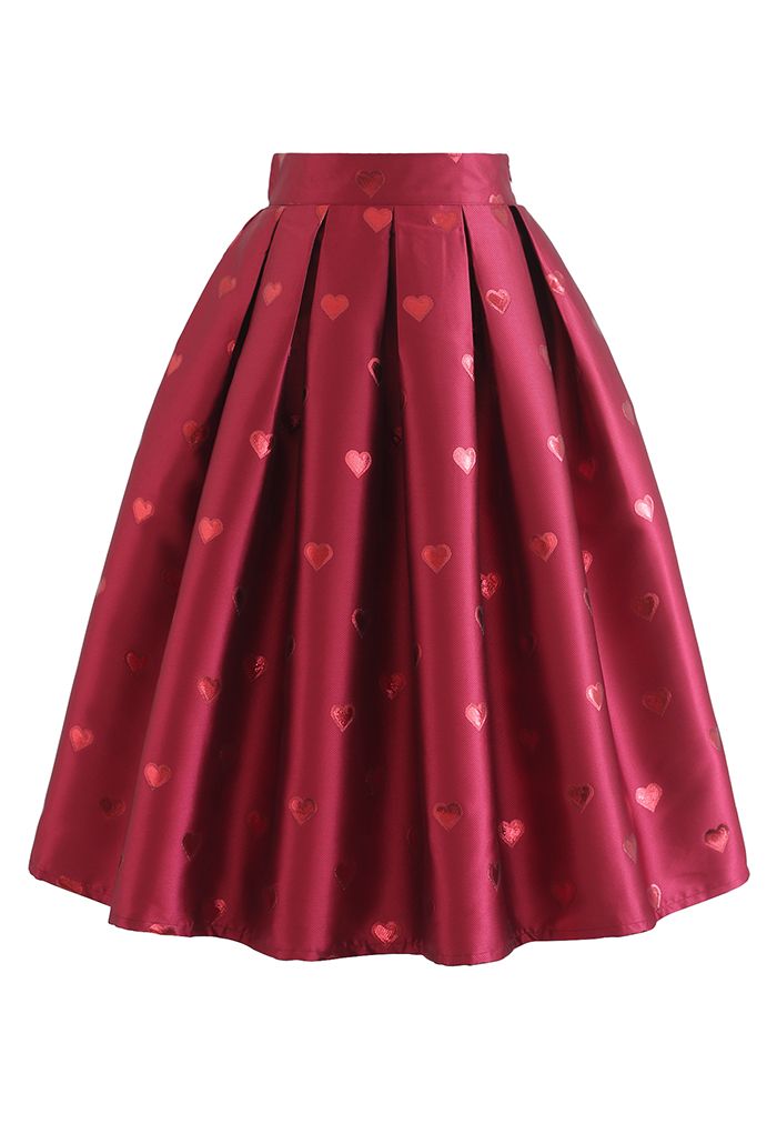 Fall in Love Jacquard Pleated Skirt in Red