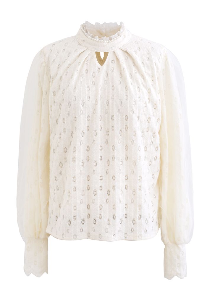 Fuzzy Lacy Mesh Sleeve Smock Top