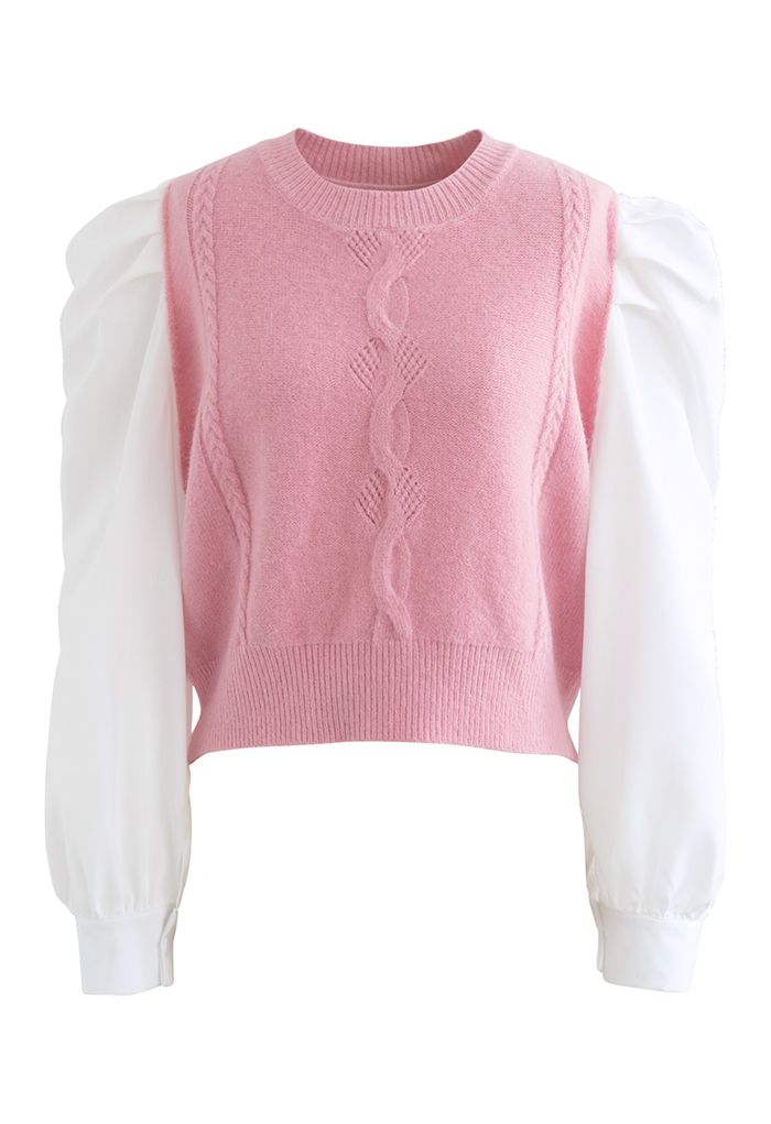 Puff Sleeve Spliced Braid Knit Top in Pink