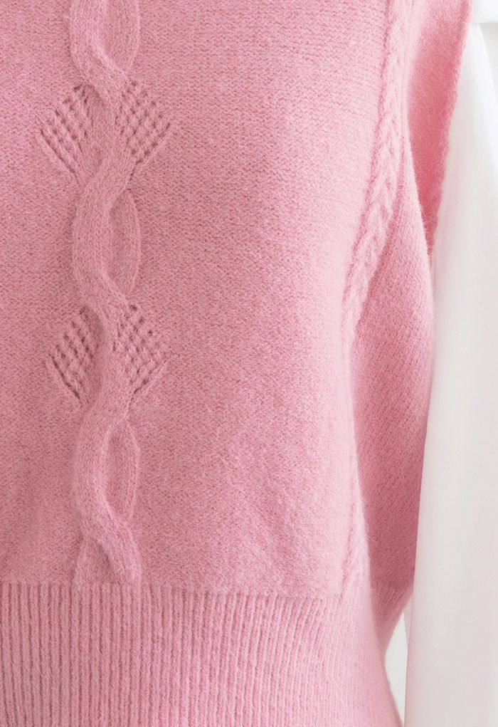 Puff Sleeve Spliced Braid Knit Top in Pink