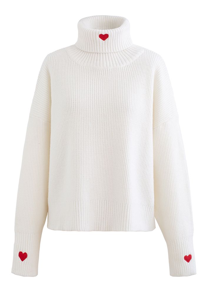 Embroidered Red Heart Turtleneck Crop Sweater in White - Retro, Indie ...