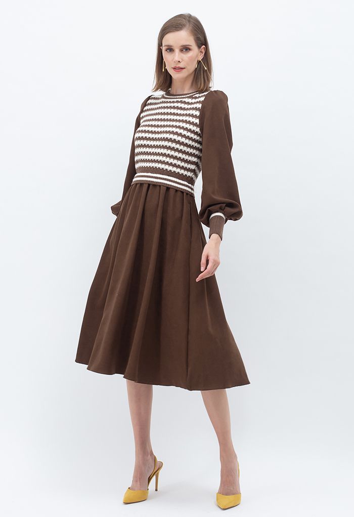 Striped Knit Spliced Midi Dress in Brown