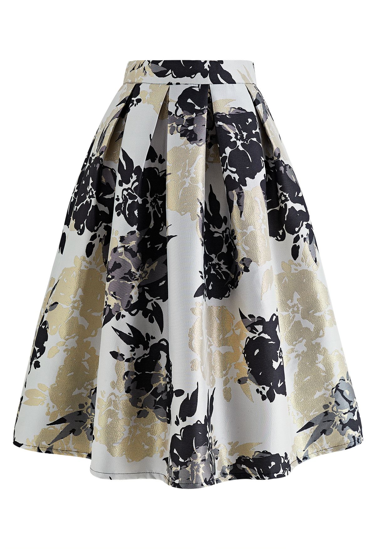 Blooming Floral Jacquard Pleated Midi Skirt in Black